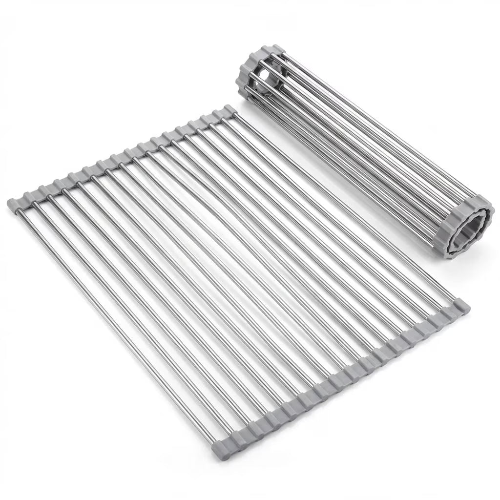 1 Pack 18.5" x 15.7" Roll-Up Dish Drying Rack, Over-Sink Foldable Kitchen Sink Rack, Anti-Slip Multipurpose Stainless Steel Drying Rack for Plates, Pots & Utensils, Gray