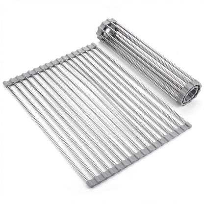 1 Pack 18.5" x 15.7" Roll-Up Dish Drying Rack, Over-Sink Foldable Kitchen Sink Rack, Anti-Slip Multipurpose Stainless Steel Drying Rack for Plates, Pots & Utensils, Gray