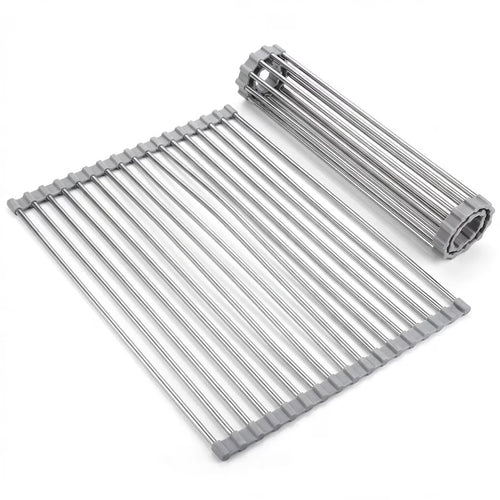 1 Pack 18.5" x 15.7" Roll-Up Dish Drying Rack, Over-Sink Foldable Kitchen Sink Rack, Anti-Slip Multipurpose Stainless Steel Drying Rack for Plates, Pots & Utensils, Gray
