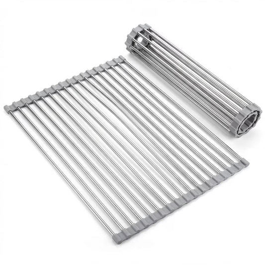 1 Pack 18.5" x 15.7" Roll-Up Dish Drying Rack, Over-Sink Foldable Kitchen Sink Rack, Anti-Slip Multipurpose Stainless Steel Drying Rack for Plates, Pots & Utensils, Gray