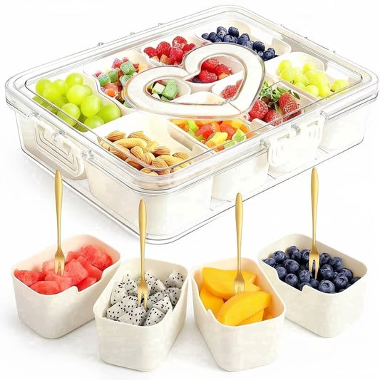 Snackle Box – 8 Compartment Divided Serving Tray with Lid, Handle, 4 Gold Forks, Portable