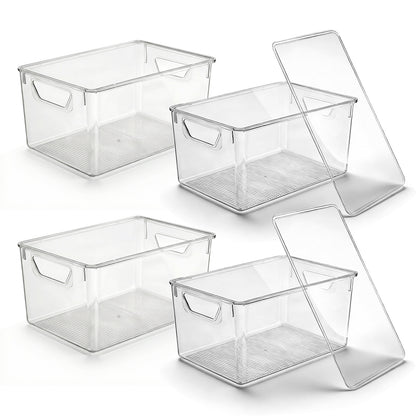 4-Pack Clear Storage Bins with Lids, Stackable Plastic Organizer Bins for Pantry, Fridge, Freezer, Cabinet