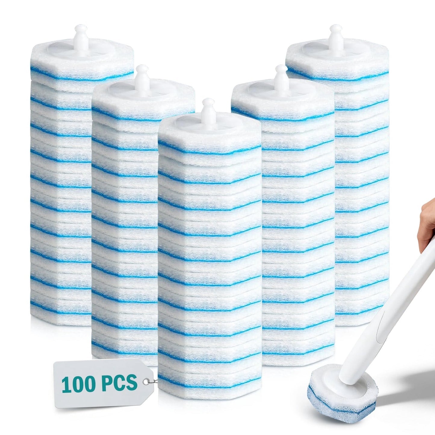 100PCS Toilet Bowl Wand Refills, Replacement Heads for Bathroom Cleaning Pads, Disposable Toilet Brush Refills Compatible with Household Brushes & Scrubbers, Cleaning Refill Pack