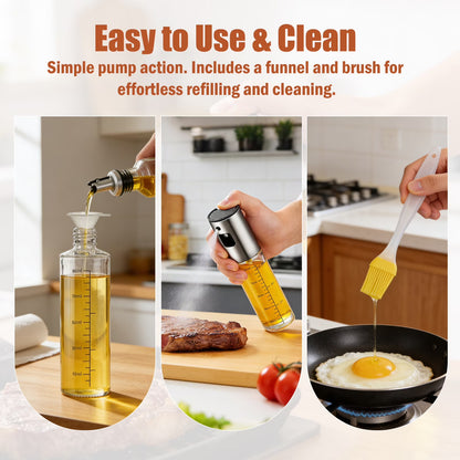 2 Pack Oil Sprayer for Cooking, Upgraded Refillable Olive Oil Spray Bottle Mister with Brush for Air Fryer Oil Vinegar Portable Glass Kitchen Gadget for BBQ, Salad, Roasting