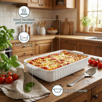 Ceramic Casserole Dish 4.4 Qt, Deep Ceramic Baking Dish and Lasagna Pan, Rectangular Baking Dish with Handles for Oven, White Bakeware for Family Meals and Baking, 1 Pack