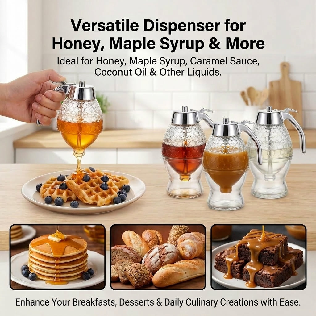 Honey Dispenser No Drip Glass, Glass Honey Dispenser No Drip with Stand, Syrup Dispenser Jar for Kitchen, Honey Syrup Pourer for Tea Coffee Breakfast, 8oz, 1 Pack