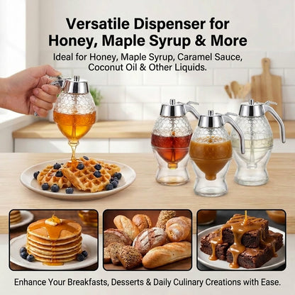 Honey Dispenser No Drip Glass, Glass Honey Dispenser No Drip with Stand, Syrup Dispenser Jar for Kitchen, Honey Syrup Pourer for Tea Coffee Breakfast, 8oz, 1 Pack