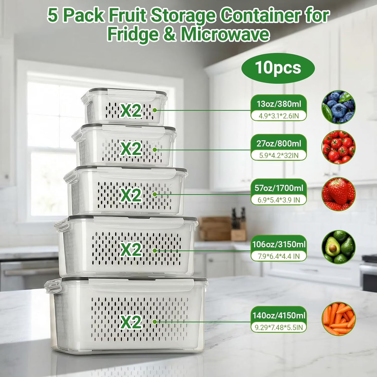 5 Pack Fruit Storage Containers for Fridge with Removable Colander, Leakproof Produce Keeper for Berries, Vegetables & Salad, All-in-One Wash & Store Food Containers, BPA Free