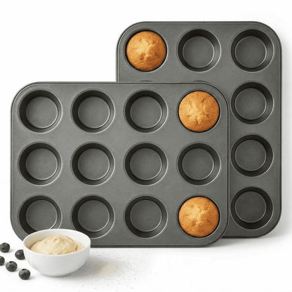 12-Cup Nonstick Muffin Pan Set of 2 — Carbon Steel Cupcake Trays for Brownies, Egg Bites & Standard Baking, Nesting Design