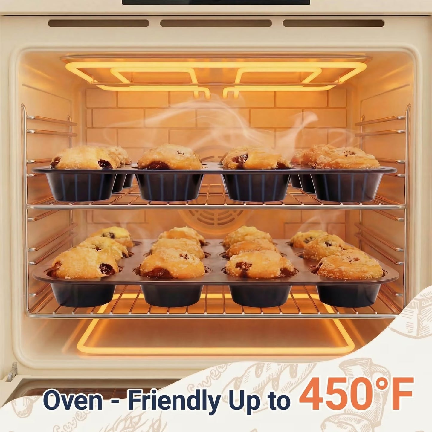 12-Cup Nonstick Muffin Pan Set of 2 — Carbon Steel Cupcake Trays for Brownies, Egg Bites & Standard Baking, Nesting Design