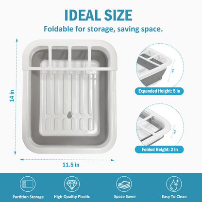 Collapsible Dish Drying Rack – Rustproof Foldable RV Dish Drying Rack with Utensil Holder, 360° Drainage, Space-Saving for Kitchen, Camping, BBQ & Boats