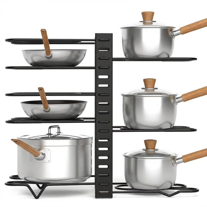 16" Heavy-Duty 8-Tier Adjustable Pots & Pans Organizer Rack, Cabinet & Pantry Storage with 3 DIY Setup Options, Under Cabinet Organizer for Large Cookware