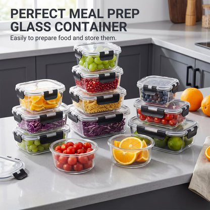 24-Piece Glass Meal Prep Containers, Meal Prep Containers Glass, Borosilicate 12 Containers + 12 Snap Lock Lids, Glass Food Storage Containers with Lids, Food Storage Containers with Lids for Lunch