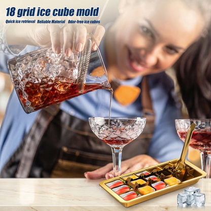18-Slot Stainless Steel Ice Tray in Gold Finish — Metal Freezer Mold with Lever Handle for Whiskey & Cocktails