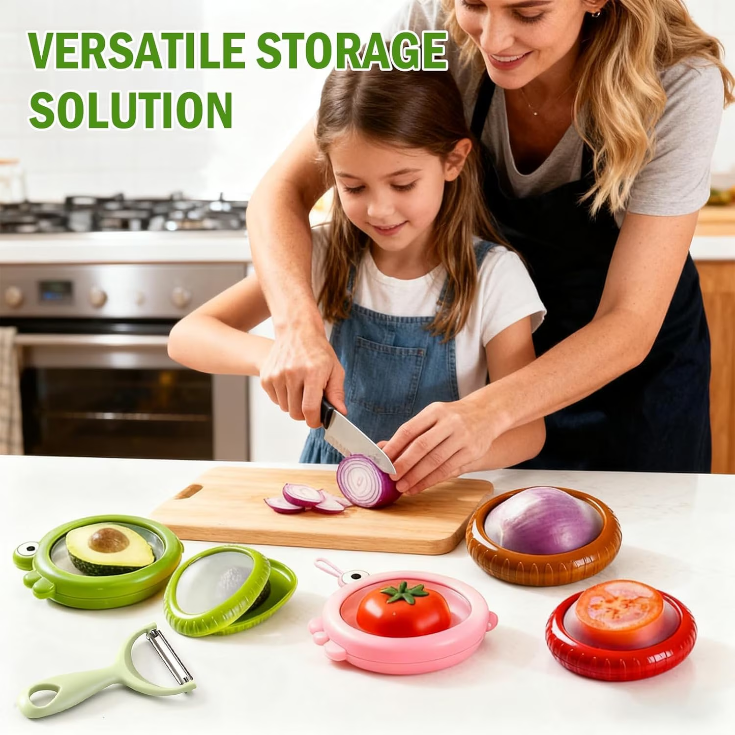Set of 6 Fresh Food Storage Containers with 1 Fruit Peeler, Reusable Silicone Fresh Pods with Airtight Seal for Avocado, Onion, Tomato and Garlic Fridge Storage