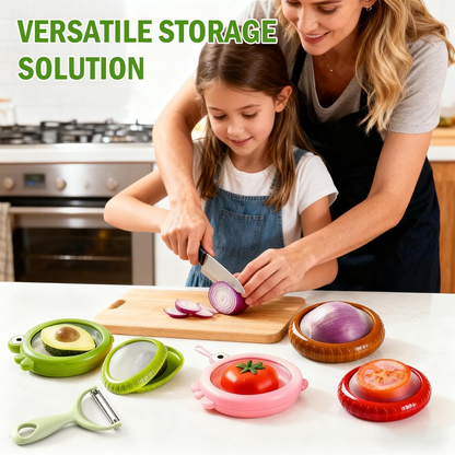Set of 6 Fresh Food Storage Containers with 1 Fruit Peeler, Reusable Silicone Fresh Pods with Airtight Seal for Avocado, Onion, Tomato and Garlic Fridge Storage