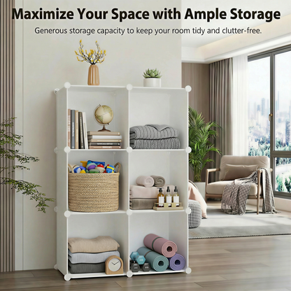 Cube Storage Organizer 6 Cube, Stackable Closet Organizer Storage Shelves, Plastic Storage Shelving Units and Storage Cubes for Clothes Books Toys, Bedroom Living Room Dorm, White