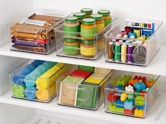 Pantry Organizers and Storage, Clear Plastic Storage Bins with Handles, Stackable Clear Organizer Bins for Pantry, Fridge Organizer Bins, Refrigerator Storage and Freezer Organizer Bins, Set of 6