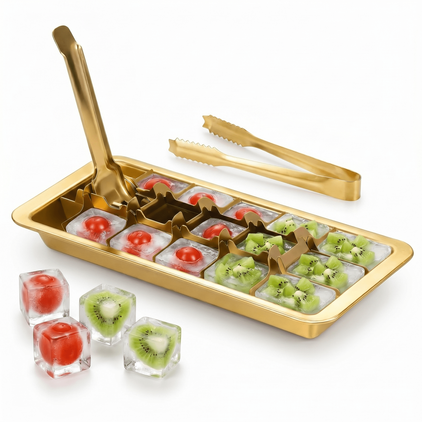 18-Slot Stainless Steel Ice Tray in Gold Finish — Metal Freezer Mold with Lever Handle for Whiskey & Cocktails