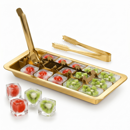 18-Slot Stainless Steel Ice Tray in Gold Finish — Metal Freezer Mold with Lever Handle for Whiskey & Cocktails