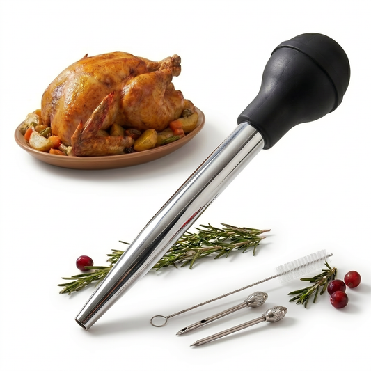 Stainless Steel Turkey Baster, Baster Syringe with Injector Bulb and Brush for Roasting Turkey and Chicken, Meat Injector Tool for Cooking, 1 Set