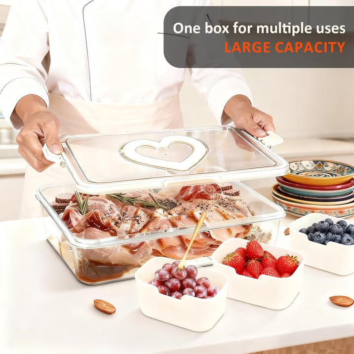 Snackle Box – 8 Compartment Divided Serving Tray with Lid, Handle, 4 Gold Forks, Portable