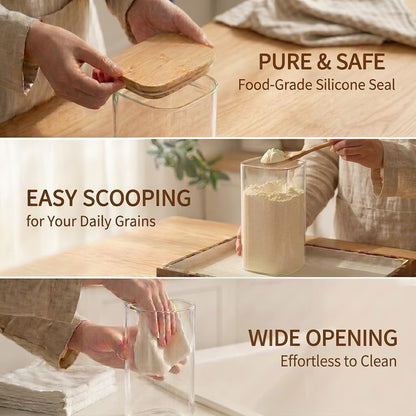 1.9 Qt Rectangle Plastic Food Storage Containers with Airtight Lids, Clear Food Jar,Plastic Jars with Bamboo Lids, Canister Set of 3, Pantry Organizers and Storage for Flour Cereal
