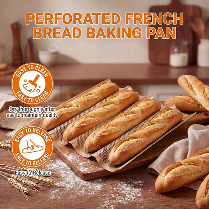 2 Pack Baguette Baking Pan, 4 Loaf Perforated Nonstick French Bread Pan with Proofing Cloth, for Sourdough & Italian Bread, Crisp Crust Bakeware, 15" x 13"
