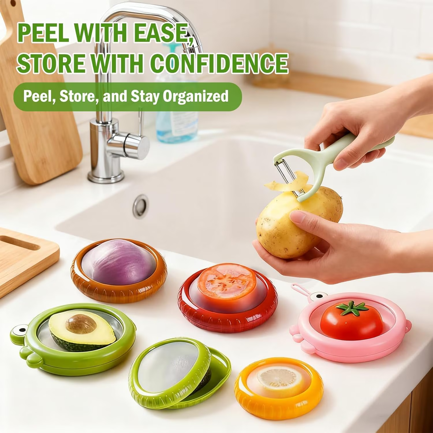 Set of 6 Fresh Food Storage Containers with 1 Fruit Peeler, Reusable Silicone Fresh Pods with Airtight Seal for Avocado, Onion, Tomato and Garlic Fridge Storage