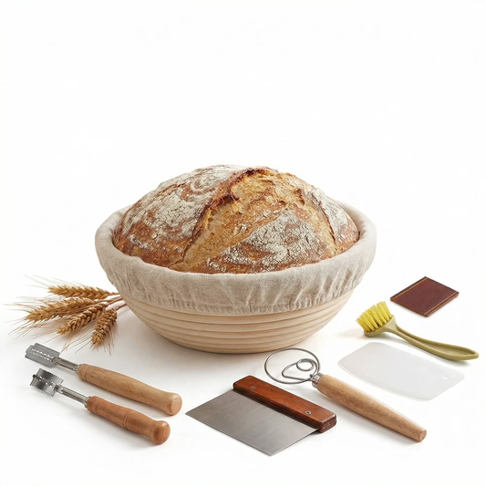 9 Inch Round Sourdough Proofing Basket, 7-Piece Baking Kit with Linen Liner & Tools, Bread Baking Supplies Gift Set