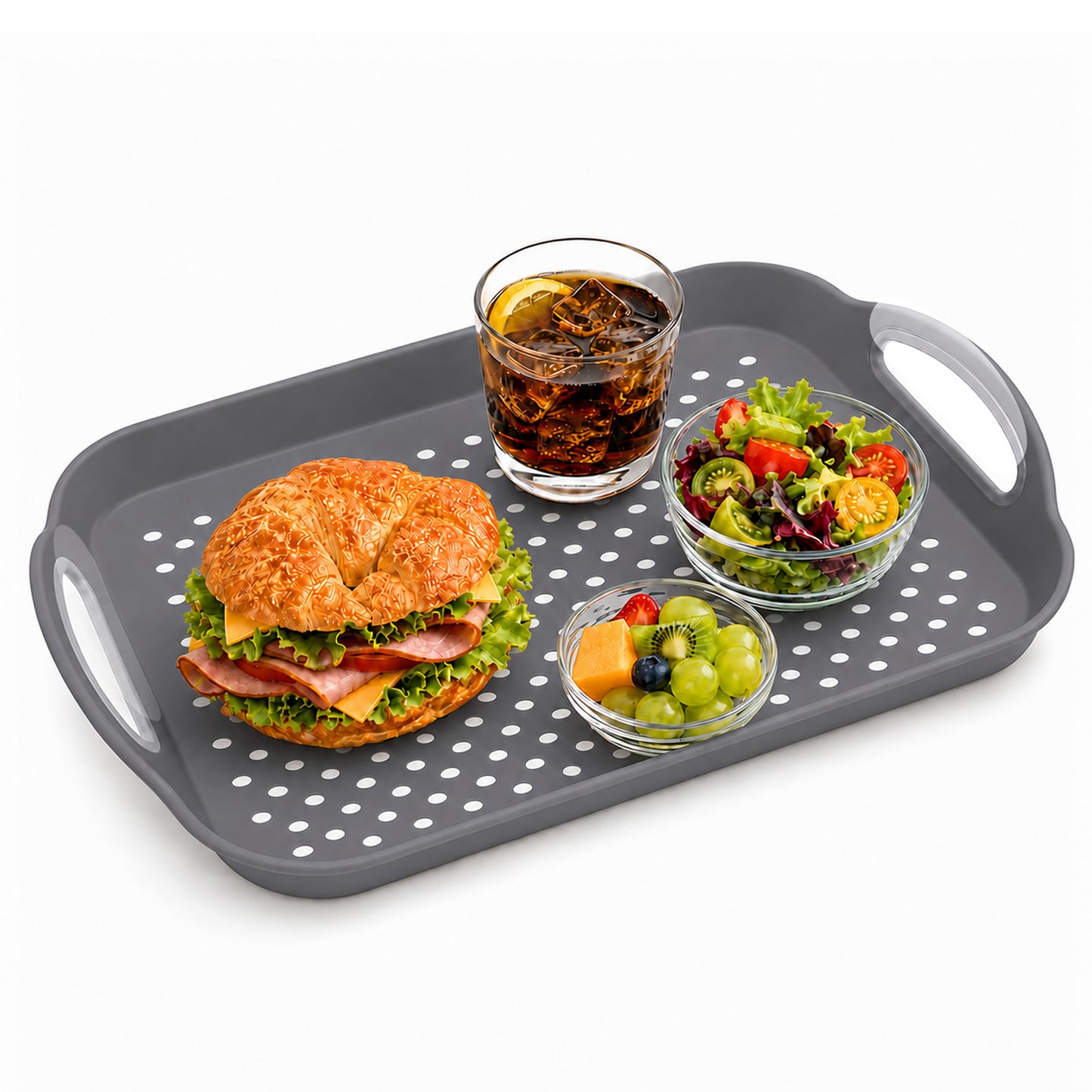 Non Slip Serving Tray with Handles, Rubber Gripped Lap Food Trays for Eating, Dishwasher Safe, Ideal for Breakfast, Snack, Fruit, Dessert, Beverage & Dinner (1 pack Grey)