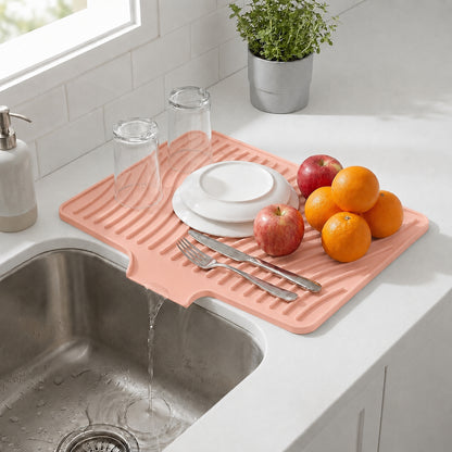 Silicone Dish Drying Mat for Kitchen Counter or Sink, Non-Slip Dish Drainer Mat with Built-in Drain, Heat Resistant Drying Pad, Pink