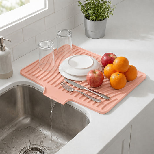 Silicone Dish Drying Mat for Kitchen Counter or Sink, Non-Slip Dish Drainer Mat with Built-in Drain, Heat Resistant Drying Pad, Pink