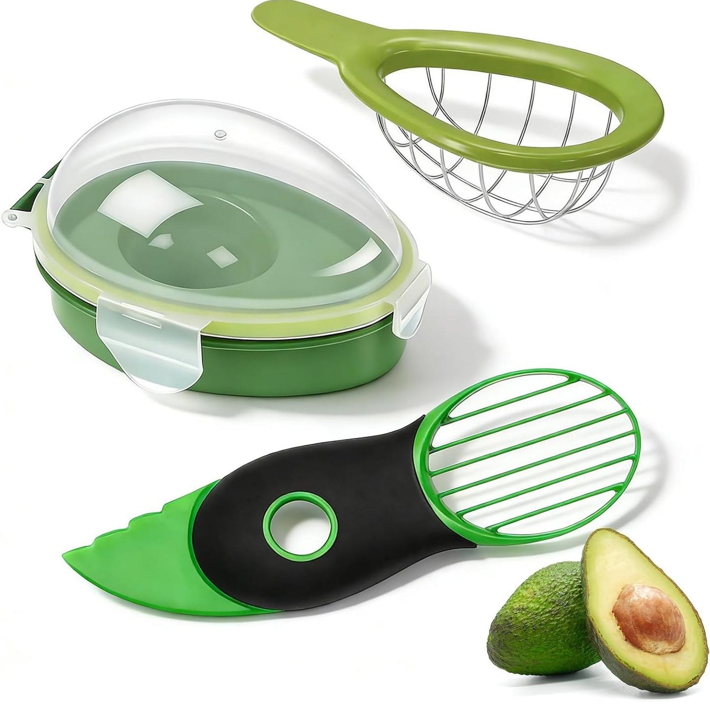 Avocado 3-Piece Kitchen Tool Set with Slicer Cutter & Airtight Storage Container, Dishwasher Safe