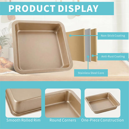 Square Cake Pan 2 Pack 8 Inch Nonstick Baking Pan for Cake, Brownie & Lasagna, Rust-Resistant, Dishwasher Safe & Easy Clean (Golden)