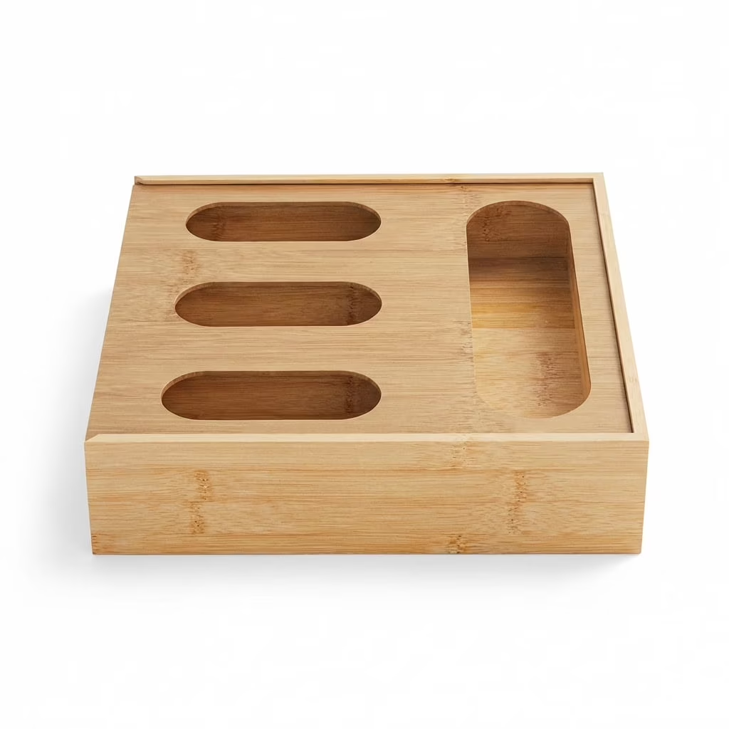 Bamboo Ziplock Bag Organizer for Kitchen Drawer, 4 Slot Storage Holder Fits Gallon Quart Sandwich Snack Bags