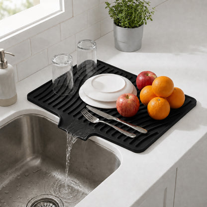 Silicone Dish Drying Mat for Kitchen Counter or Sink, Non-Slip Dish Drainer Mat with Built-in Drain, Heat Resistant Drying Pad, Black