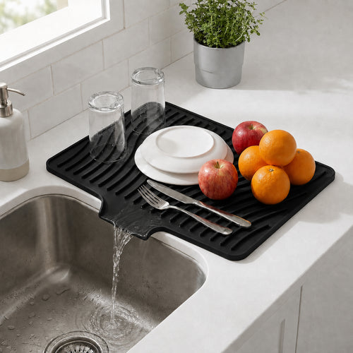 Silicone Dish Drying Mat for Kitchen Counter or Sink, Non-Slip Dish Drainer Mat with Built-in Drain, Heat Resistant Drying Pad, Black