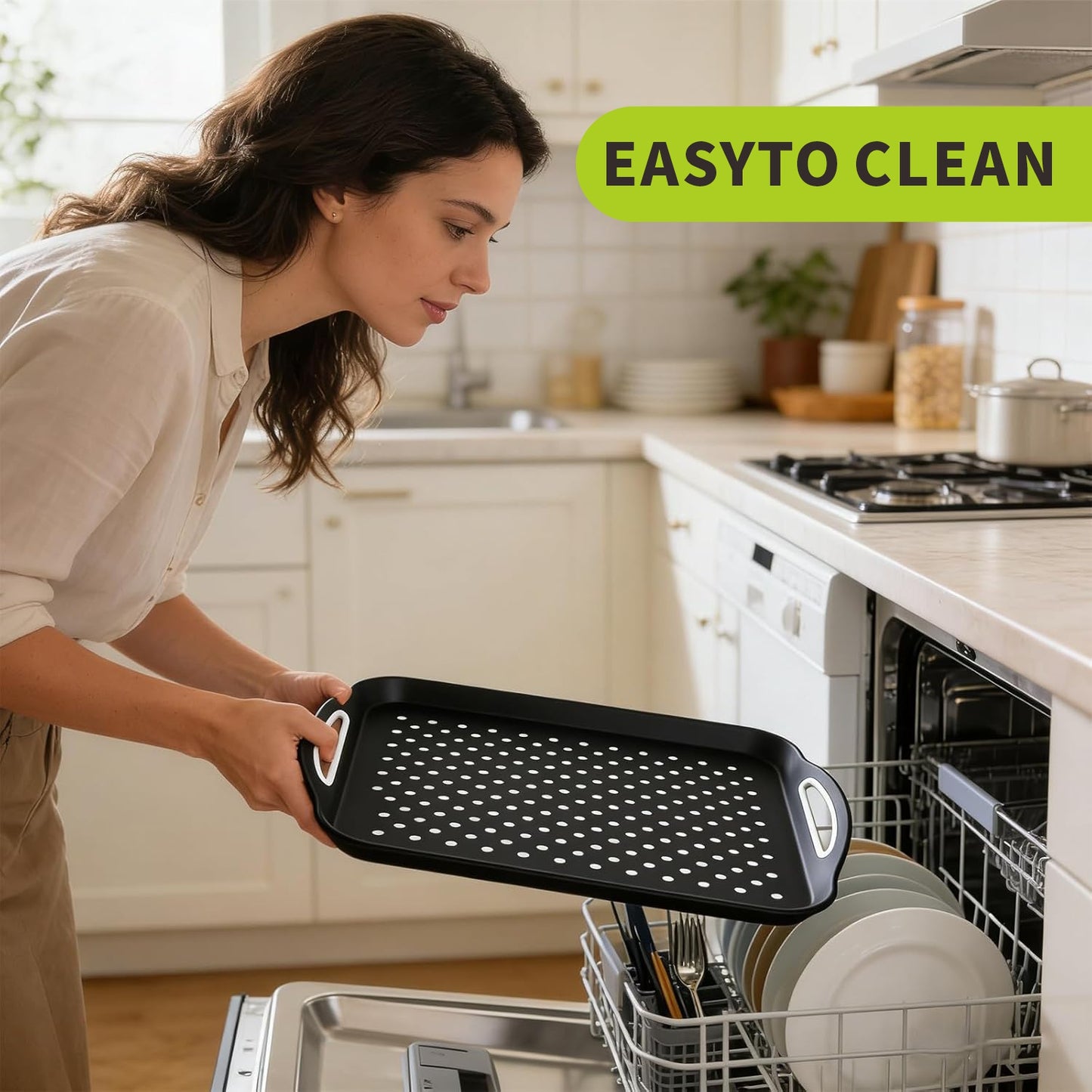 Non Slip Serving Tray with Handles, Rubber Gripped Lap Food Trays for Eating, Dishwasher Safe, Ideal for Breakfast, Snack, Fruit, Dessert, Beverage & Dinner (Large Black)