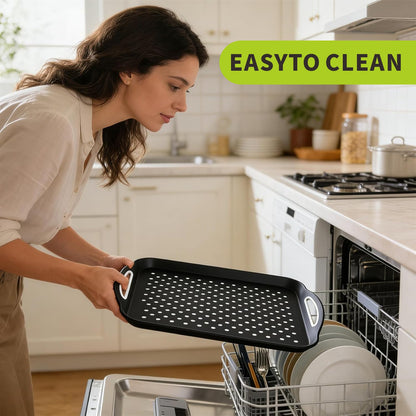 Non Slip Serving Tray with Handles, Rubber Gripped Lap Food Trays for Eating, Dishwasher Safe, Ideal for Breakfast, Snack, Fruit, Dessert, Beverage & Dinner (Large Black)