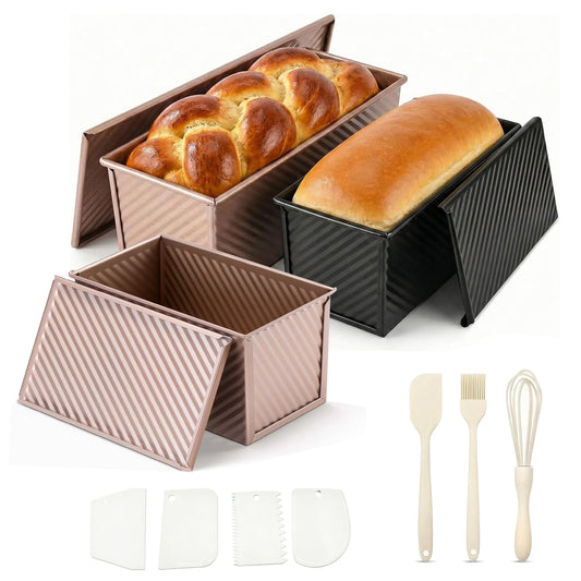 3-Pack Pullman Loaf Pan with Lids – Nonstick, 2.2/1/0.8 lb Dough Capacity, Includes 7 Tools