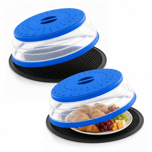 Collapsible Microwave Food Cover, Microwave Splatter Guard with Steam Vent, Dishwasher Safe Kitchen Plate Cover, 2 Pack Blue