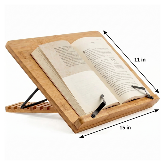 Large Bamboo Book Stand, 11'' x 15'' Portable Stable Adjustable Height Reading Book Holder for Cookbook, Sheet Music, Bible, Textbook and Tablet