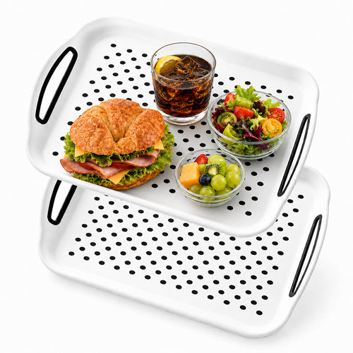 Non Slip Serving Tray with Handles, Rubber Gripped Lap Food Trays for Eating, Dishwasher Safe, Ideal for Breakfast, Snack, Fruit, Dessert, Beverage & Dinner (2 pack White)