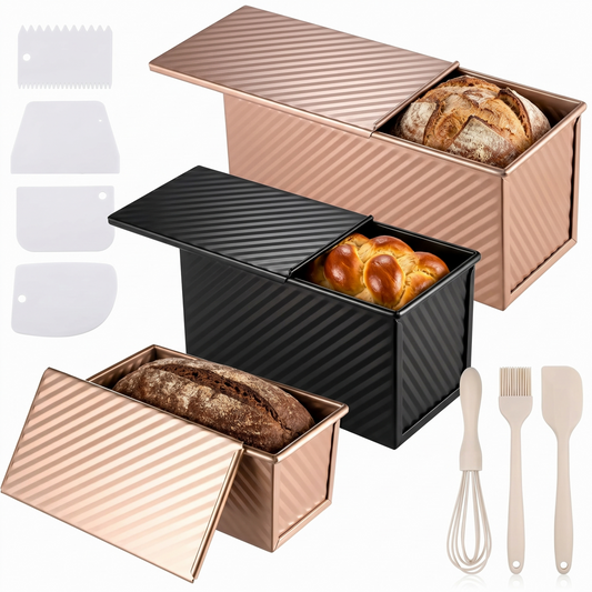 3-Pack Pullman Loaf Pans with Lids – 2.2/1/0.8lb Carbon Steel, Nonstick, Includes 7 Tools