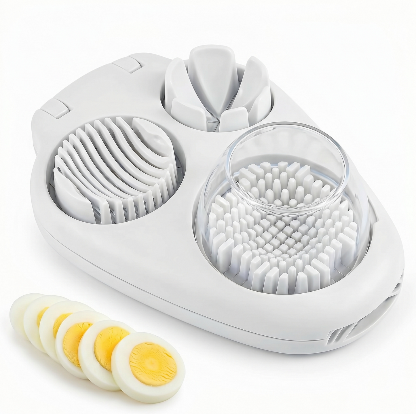 3-Mode Egg Slicer with Stainless Steel Blades — Cutter for Hard-Boiled Eggs, Strawberries & Soft Foods, Integrated Catch Tray