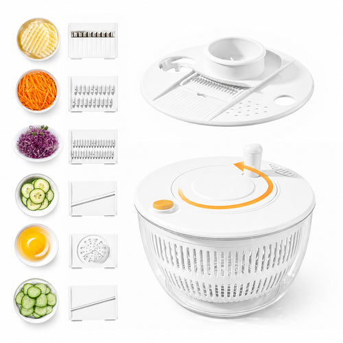 Large Salad Spinner and Slicer, 5.3 Qt 3-in-1 Vegetable Fruit Wash Bowl, Lettuce Washer with 5-Blade Slicer & Egg Yolk Strainer for Fast Salad Prep (White)