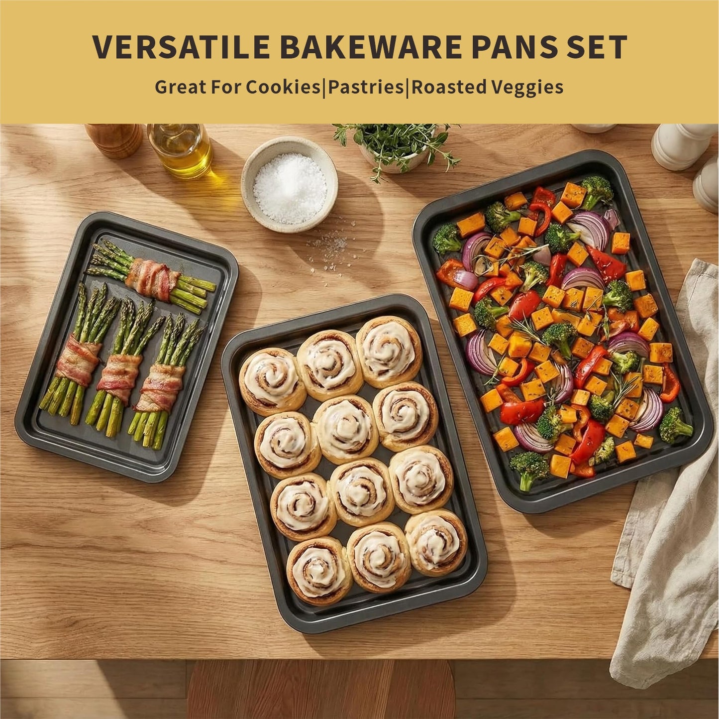 Baking Sheet Pan Set, 3-Piece Nonstick Multi-Depth Stackable Oven Bakeware, Warp & Rust Resistant Black Pans, Dishwasher Safe & Effortless Cleanup