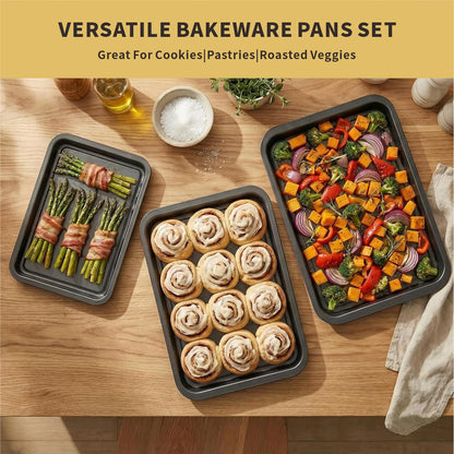 Baking Sheet Pan Set, 3-Piece Nonstick Multi-Depth Stackable Oven Bakeware, Warp & Rust Resistant Black Pans, Dishwasher Safe & Effortless Cleanup
