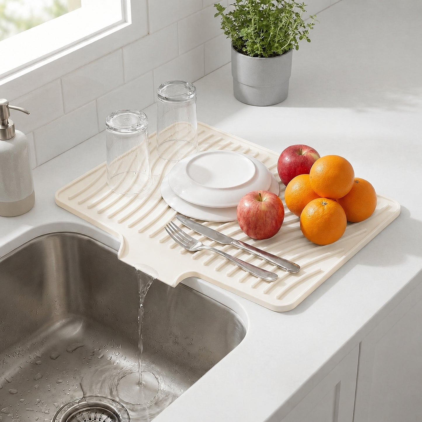 Silicone Dish Drying Mat for Kitchen Counter or Sink, Non-Slip Dish Drainer Mat with Built-in Drain, Heat Resistant Drying Pad, Off White